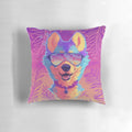 Sparkling, fluffy dog-themed decorative pillow with a vaporwave aesthetic.