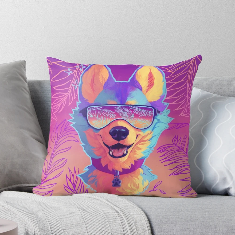 Sparkling, fluffy dog-themed decorative pillow with a vaporwave aesthetic.