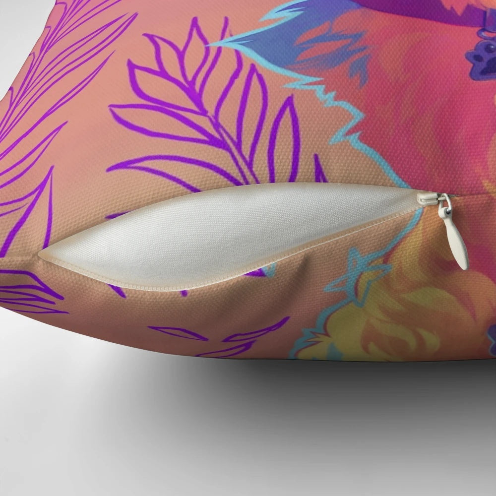 Sparkling, fluffy dog-themed decorative pillow with a vaporwave aesthetic.