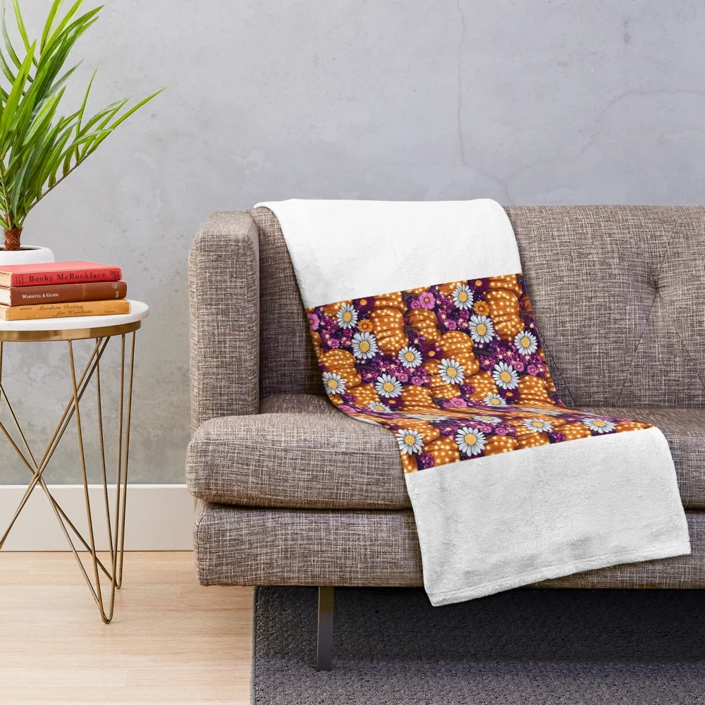 Sparkling pumpkin floral rhinestone bling Halloween seamless pattern on plush blanket