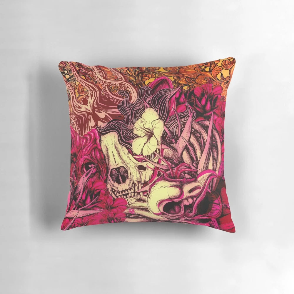 Decorative throw pillow featuring a sphynx cat surrounded by floral and skull designs in a modern, abstract style.