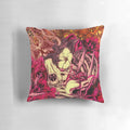 Decorative throw pillow featuring a sphynx cat surrounded by floral and skull designs in a modern, abstract style.