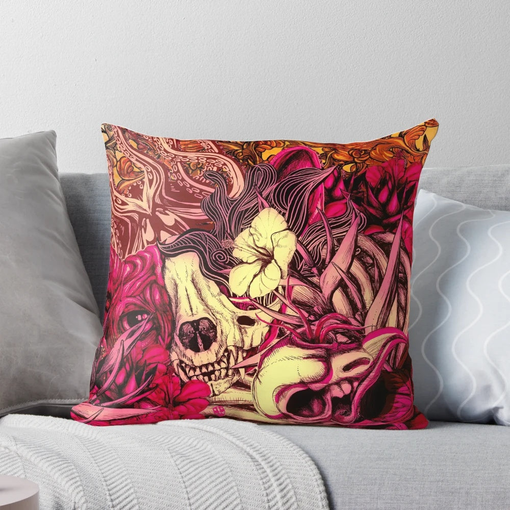 Decorative throw pillow featuring a sphynx cat surrounded by floral and skull designs in a modern, abstract style.