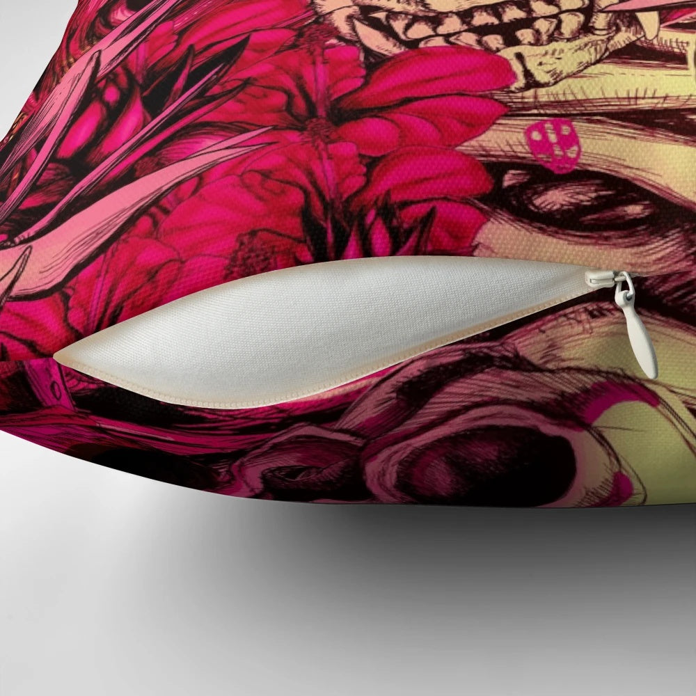 Decorative throw pillow featuring a sphynx cat surrounded by floral and skull designs in a modern, abstract style.