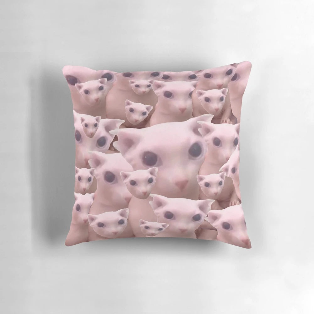 Sphynx cat meme pattern pillow featuring the popular "Bingus" cat design