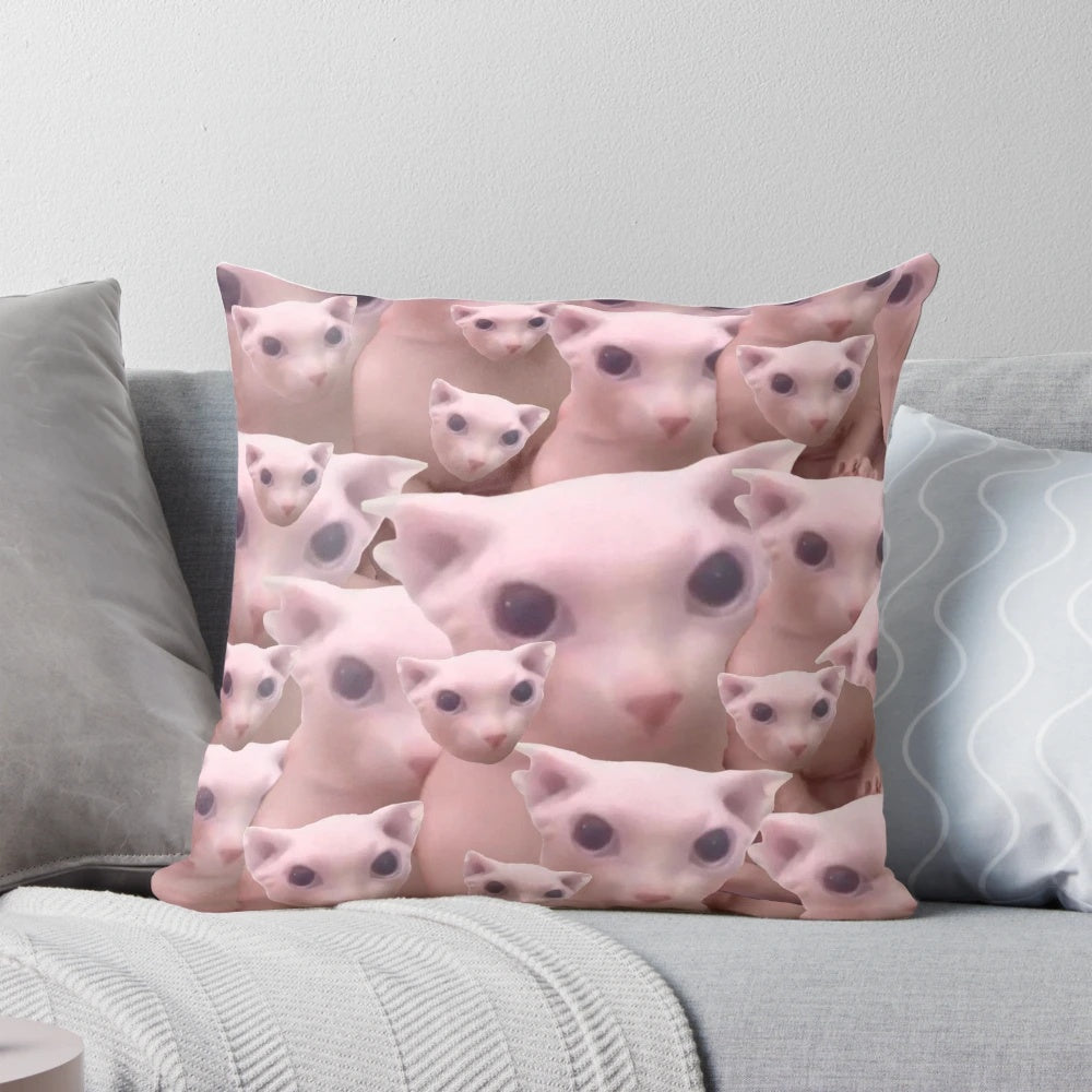 Sphynx cat meme pattern pillow featuring the popular "Bingus" cat design