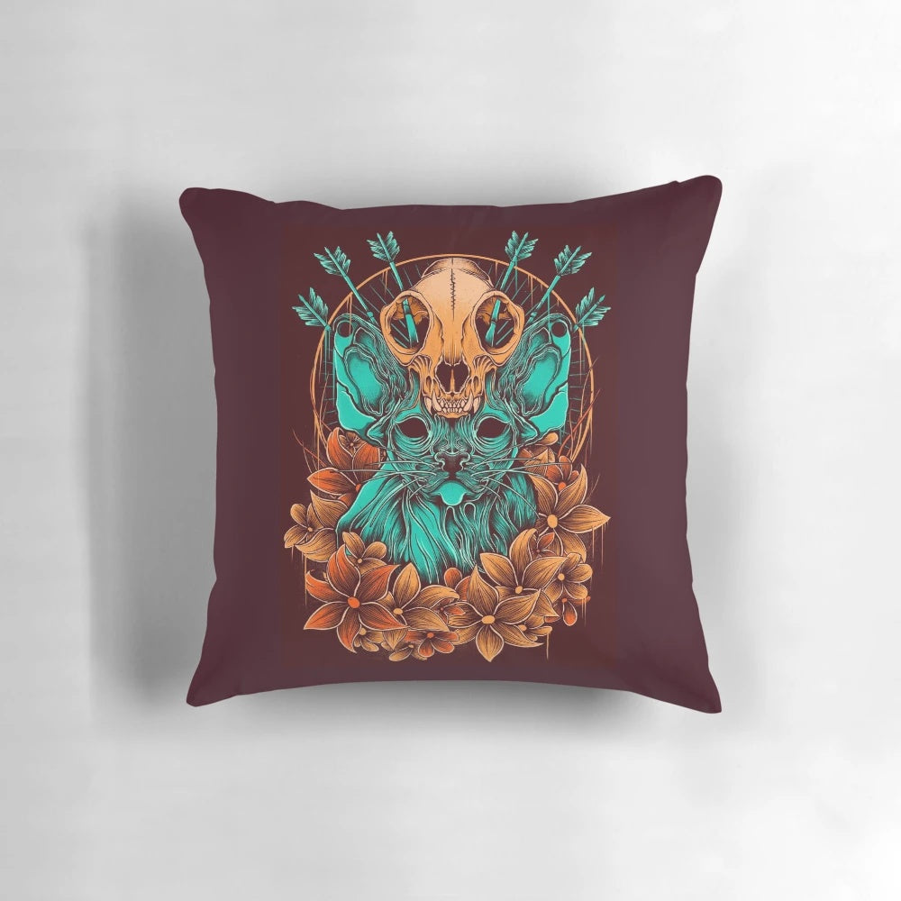 Sphynx cat skull decorative pillow with arrow and autumn floral design