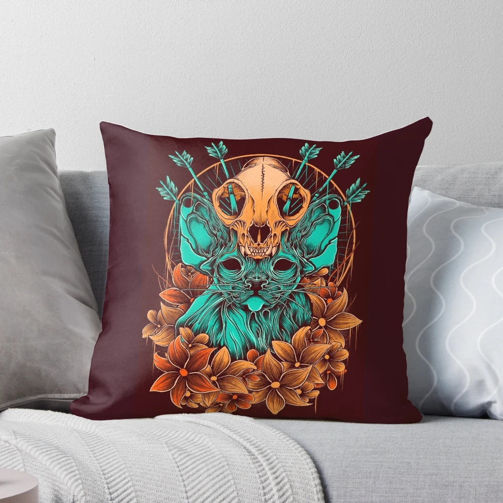 Sphynx cat skull decorative pillow with arrow and autumn floral design