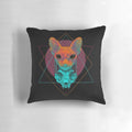 A Pillow Pod featuring a surreal, geometric design with a sphynx cat skull and street art-inspired elements.
