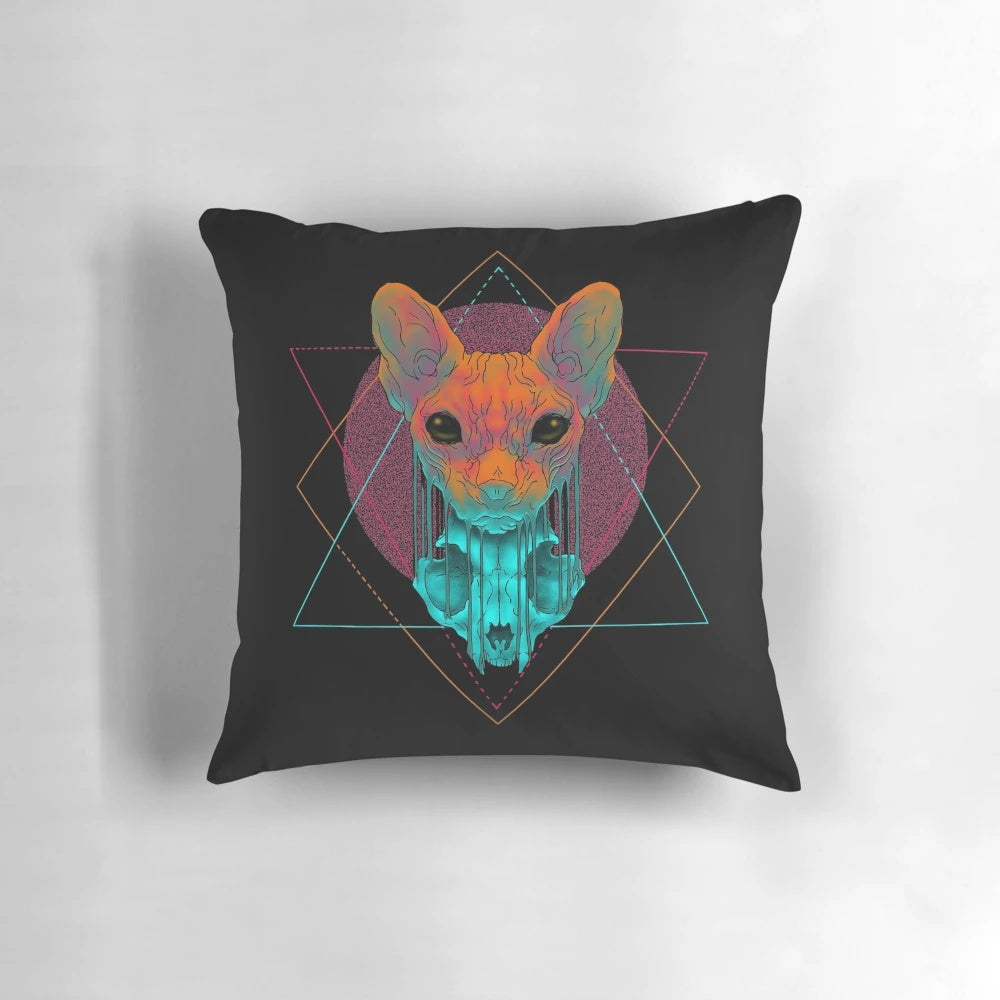 A Pillow Pod featuring a surreal, geometric design with a sphynx cat skull and street art-inspired elements.