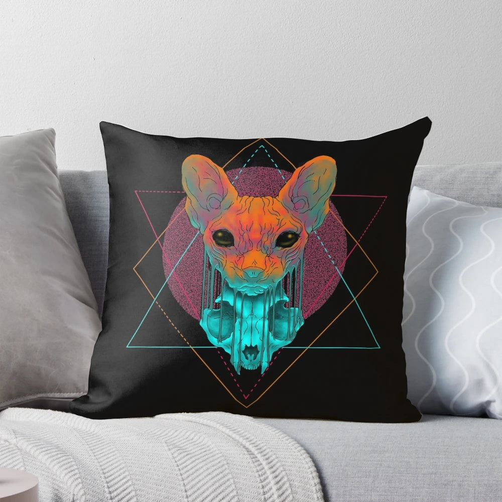 A Pillow Pod featuring a surreal, geometric design with a sphynx cat skull and street art-inspired elements.