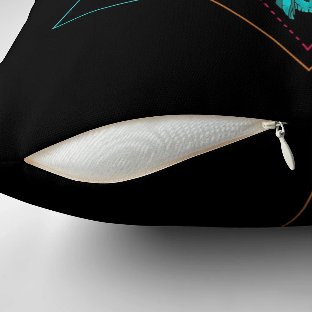 A Pillow Pod featuring a surreal, geometric design with a sphynx cat skull and street art-inspired elements.