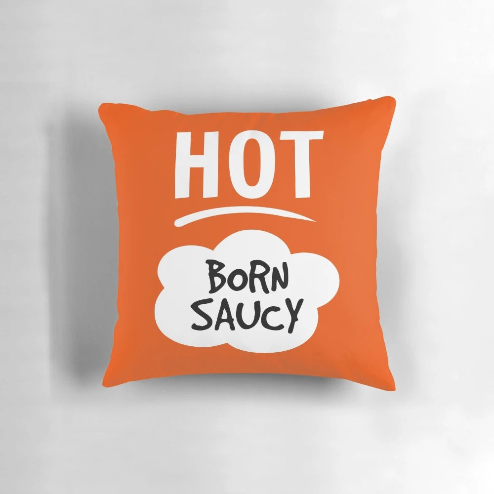 Taco sauce inspired decorative pillow featuring the iconic Taco Bell hot sauce design