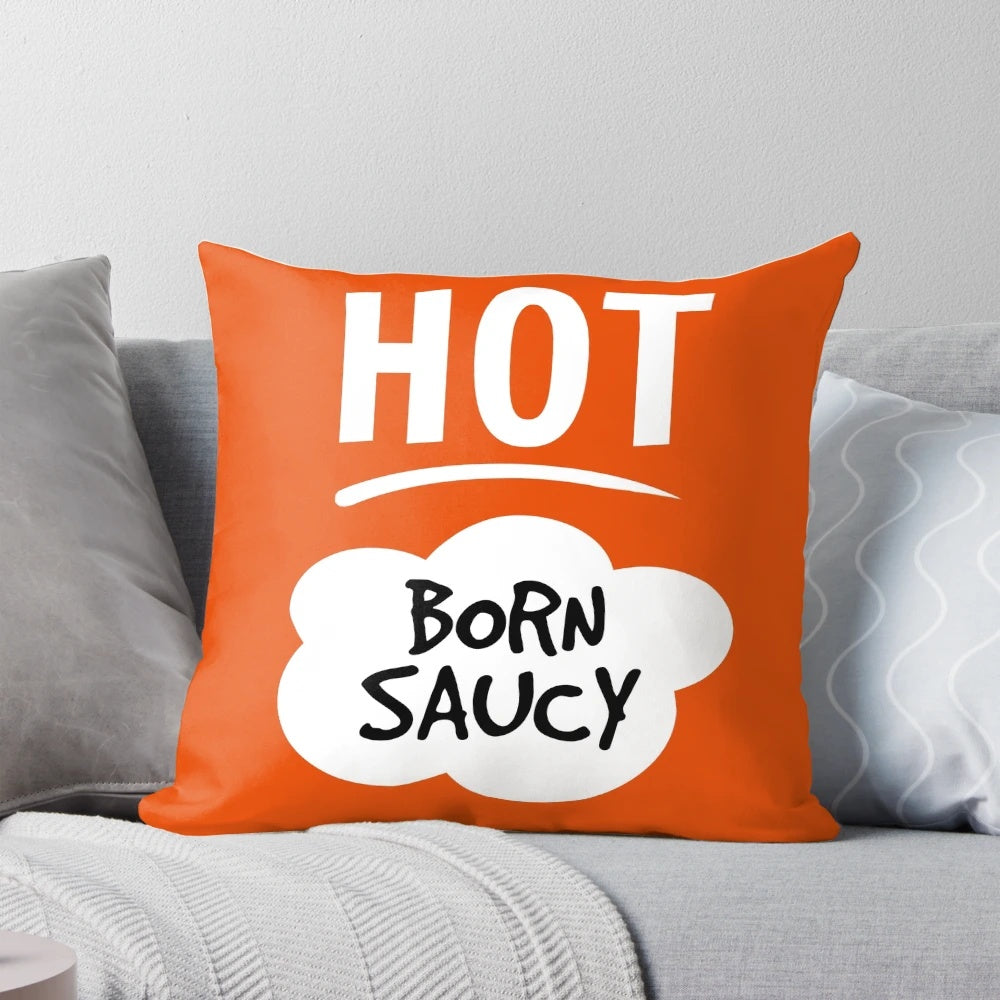 Taco sauce inspired decorative pillow featuring the iconic Taco Bell hot sauce design