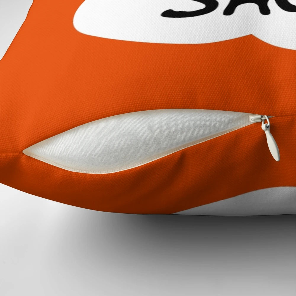 Taco sauce inspired decorative pillow featuring the iconic Taco Bell hot sauce design