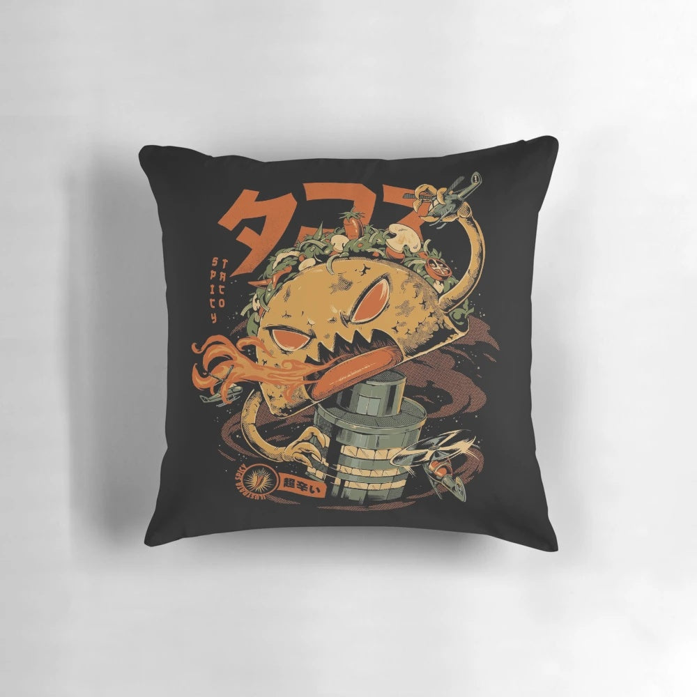Vibrant pillow featuring a spicy taco with a fiery chili pepper character in a retro anime-inspired design.
