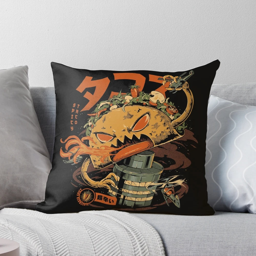 Vibrant pillow featuring a spicy taco with a fiery chili pepper character in a retro anime-inspired design.