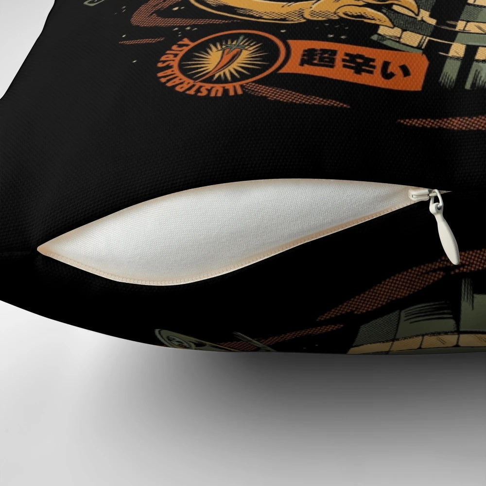Vibrant pillow featuring a spicy taco with a fiery chili pepper character in a retro anime-inspired design.