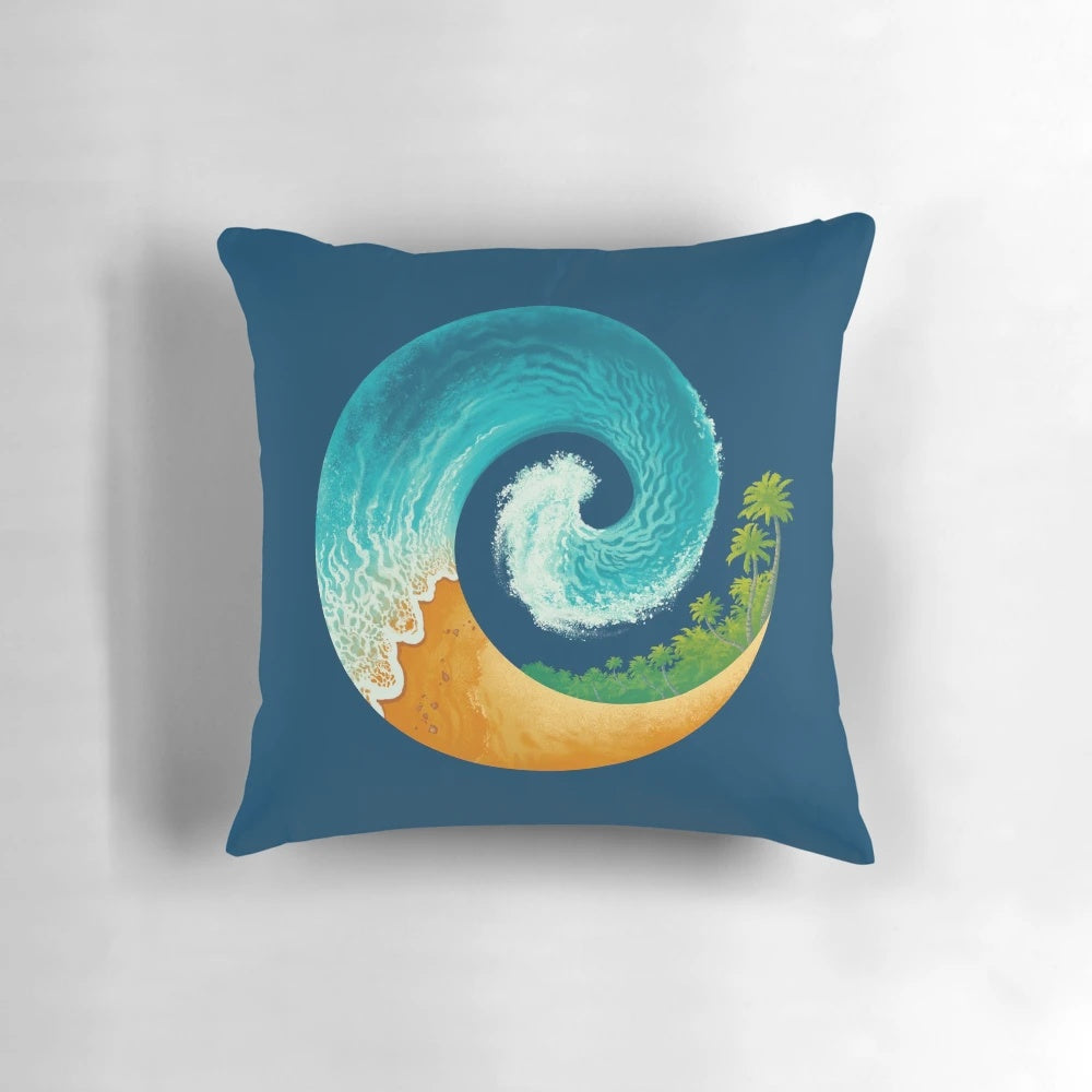 Spiral Beach Pillow with waves, palm trees, and ocean motif