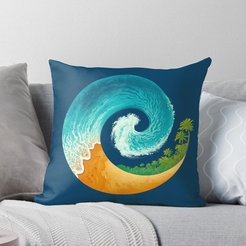 Spiral Beach Pillow with waves, palm trees, and ocean motif