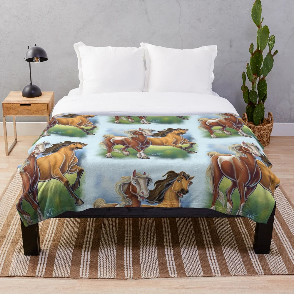 Spirit and Rain Plush Blanket featuring a dreamworks-inspired design of a galloping wild horse