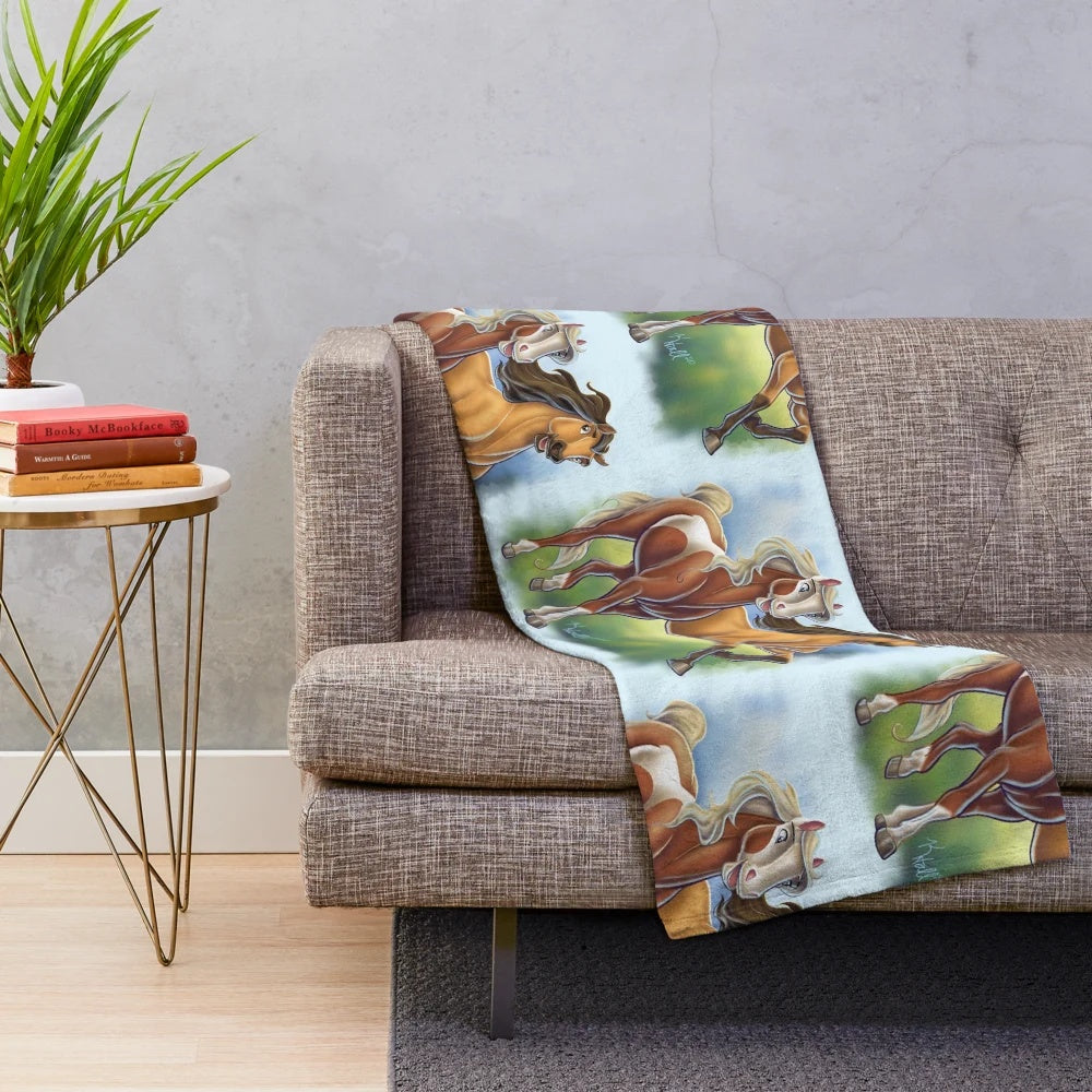 Spirit and Rain Plush Blanket featuring a dreamworks-inspired design of a galloping wild horse
