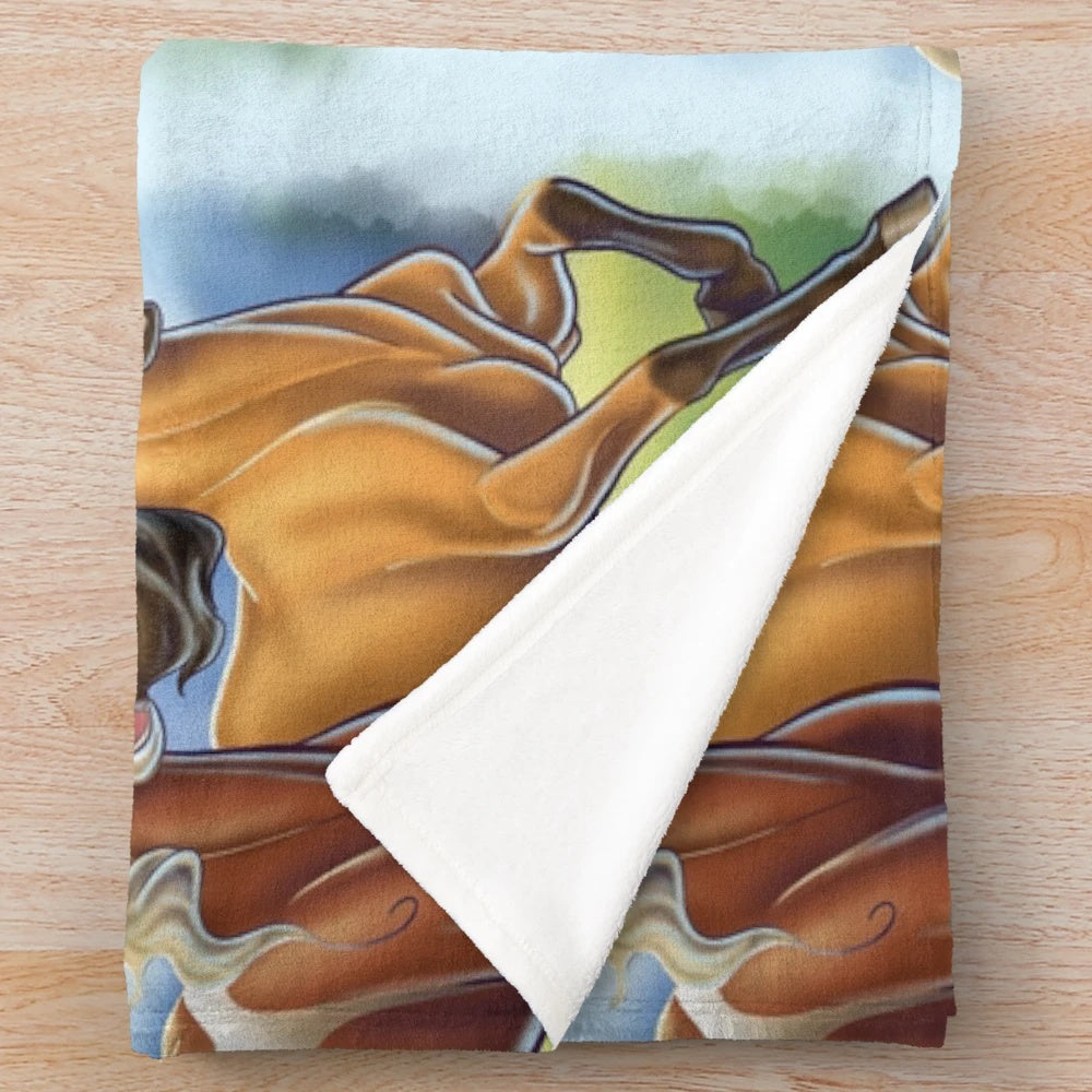 Spirit and Rain Plush Blanket featuring a dreamworks-inspired design of a galloping wild horse