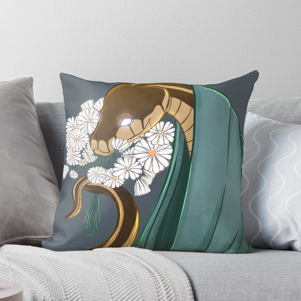 Spiritfarer Summer Pillow featuring a snake, flowers, and daisies on a soft, comfortable pillow.