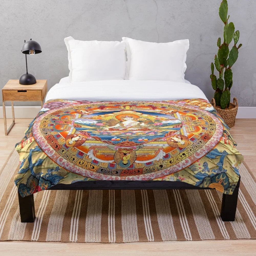 60" plush blanket with white tara buddhist mandala design