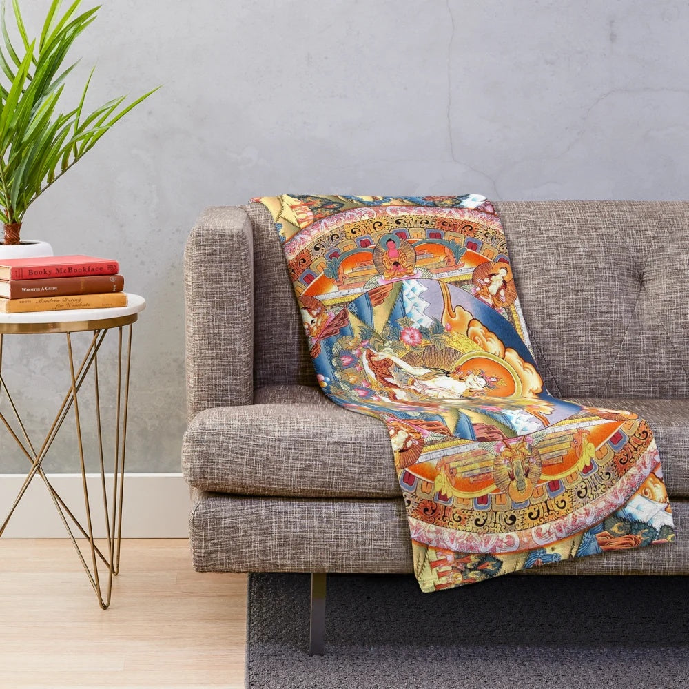 60" plush blanket with white tara buddhist mandala design