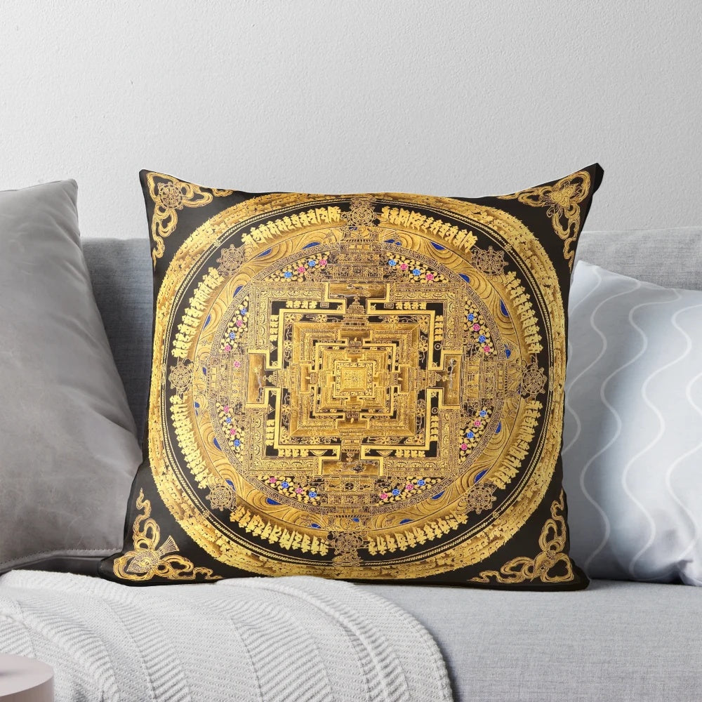 Vibrant Buddhist Mandala Golden OM Pillow for Meditation and Spiritual Home Decor