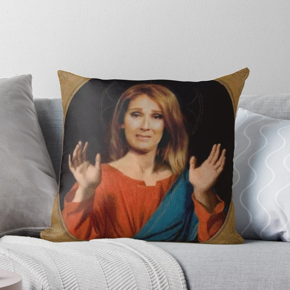 Decorative pillow featuring a photoshopped image of Celine Dion with Jesus