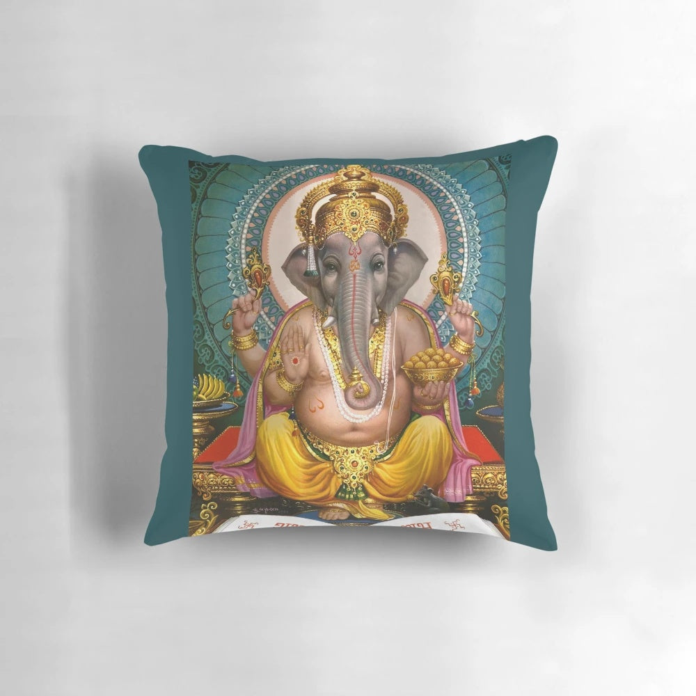 Handcrafted Lord Ganesha pillow, featuring intricate spiritual Hindu artwork