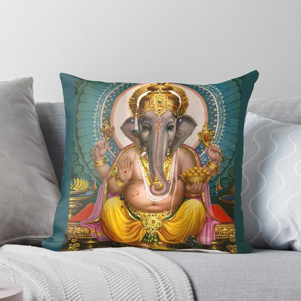 Handcrafted Lord Ganesha pillow, featuring intricate spiritual Hindu artwork