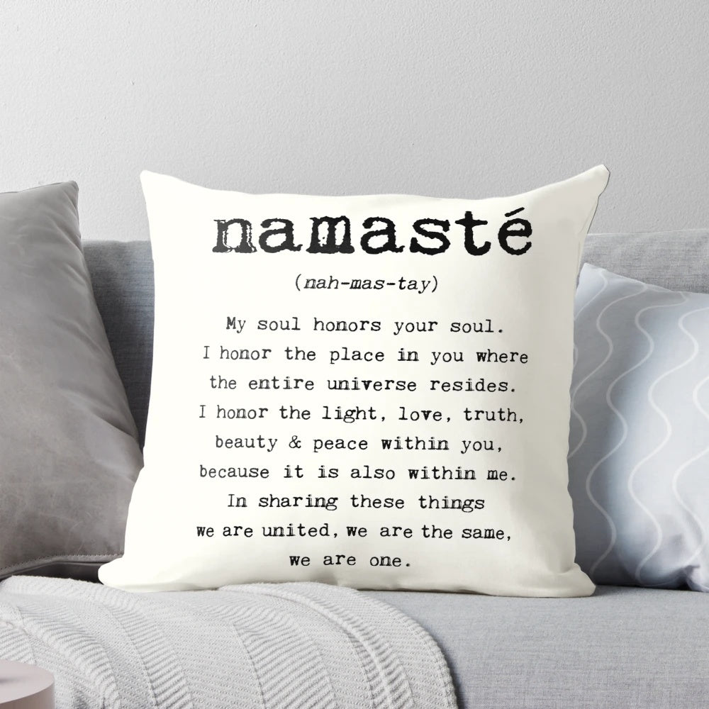 Vintage-style typewriter art pillow featuring the word "Namaste" in a calming, spiritual design.