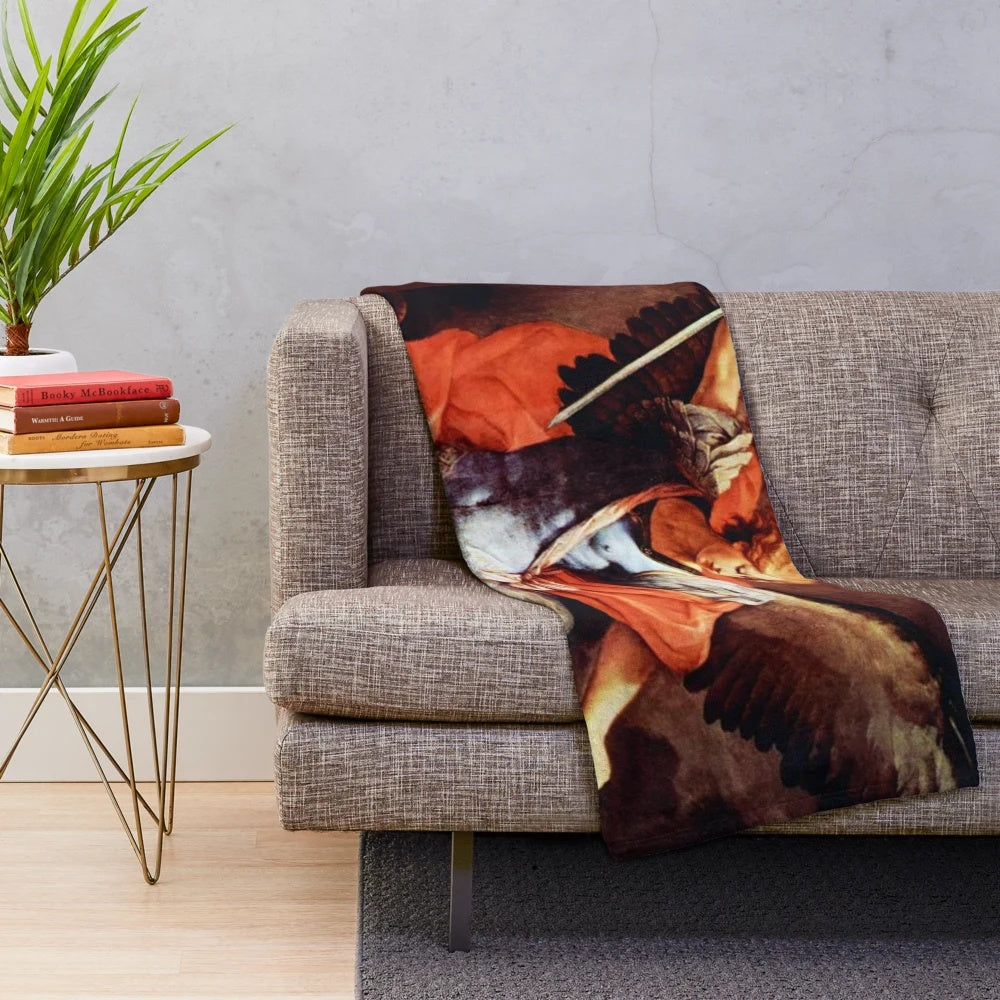 Plush blanket featuring the image of St Michael the Archangel, the Catholic saint of protection against evil