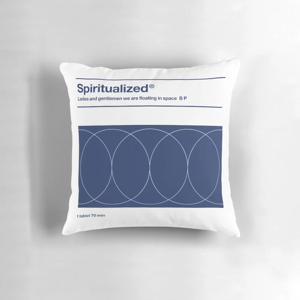 Spiritualized "Ladies and Gentlemen We Are Floating in Space" album cover art printed on a decorative pillow.