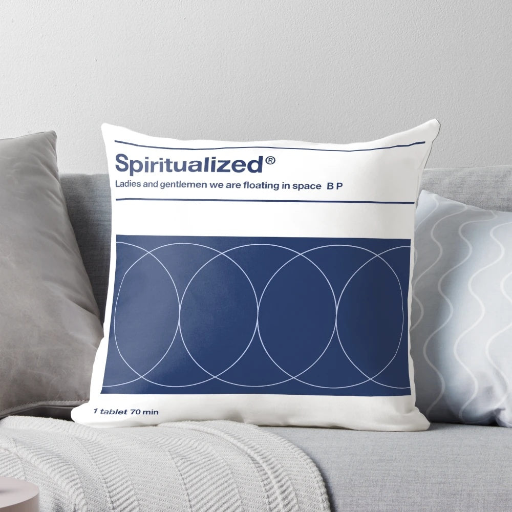 Spiritualized "Ladies and Gentlemen We Are Floating in Space" album cover art printed on a decorative pillow.