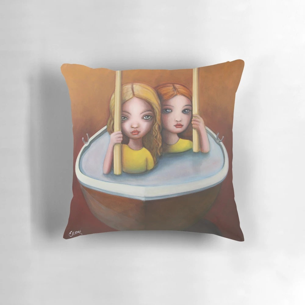 Vibrant "The Trouble with Water II" throw pillow with a whimsical boat and girls design