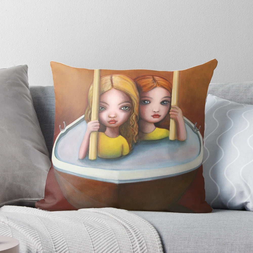 Vibrant "The Trouble with Water II" throw pillow with a whimsical boat and girls design