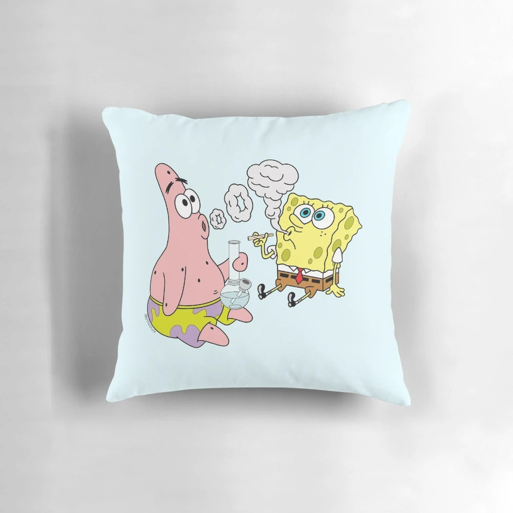 Spongebob and Patrick from the Nickelodeon cartoon, depicted in a weed-themed pop art style, on a decorative throw pillow.