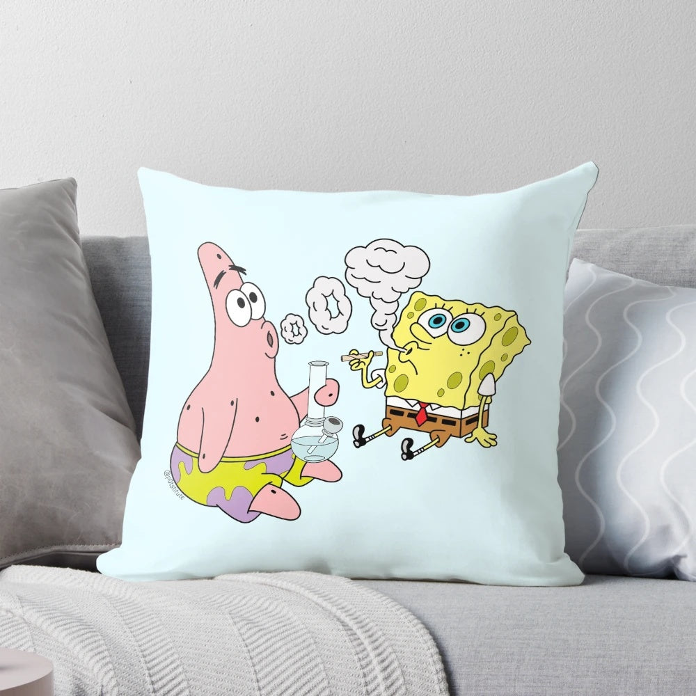 Spongebob and Patrick from the Nickelodeon cartoon, depicted in a weed-themed pop art style, on a decorative throw pillow.