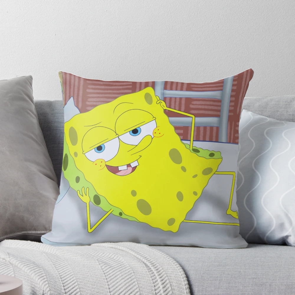 A colorful and humorous pillow featuring a custom fan art design of the Spongebob Squarepants character.