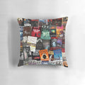 A decorative pillow featuring various horror book covers, including works by Stephen King such as Carrie, The Dark Tower, and IT.