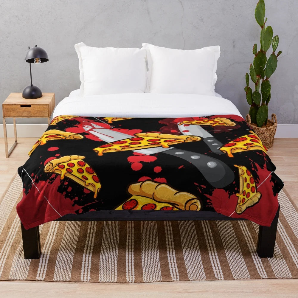 Plush blanket with a horror movie and pizza pattern design