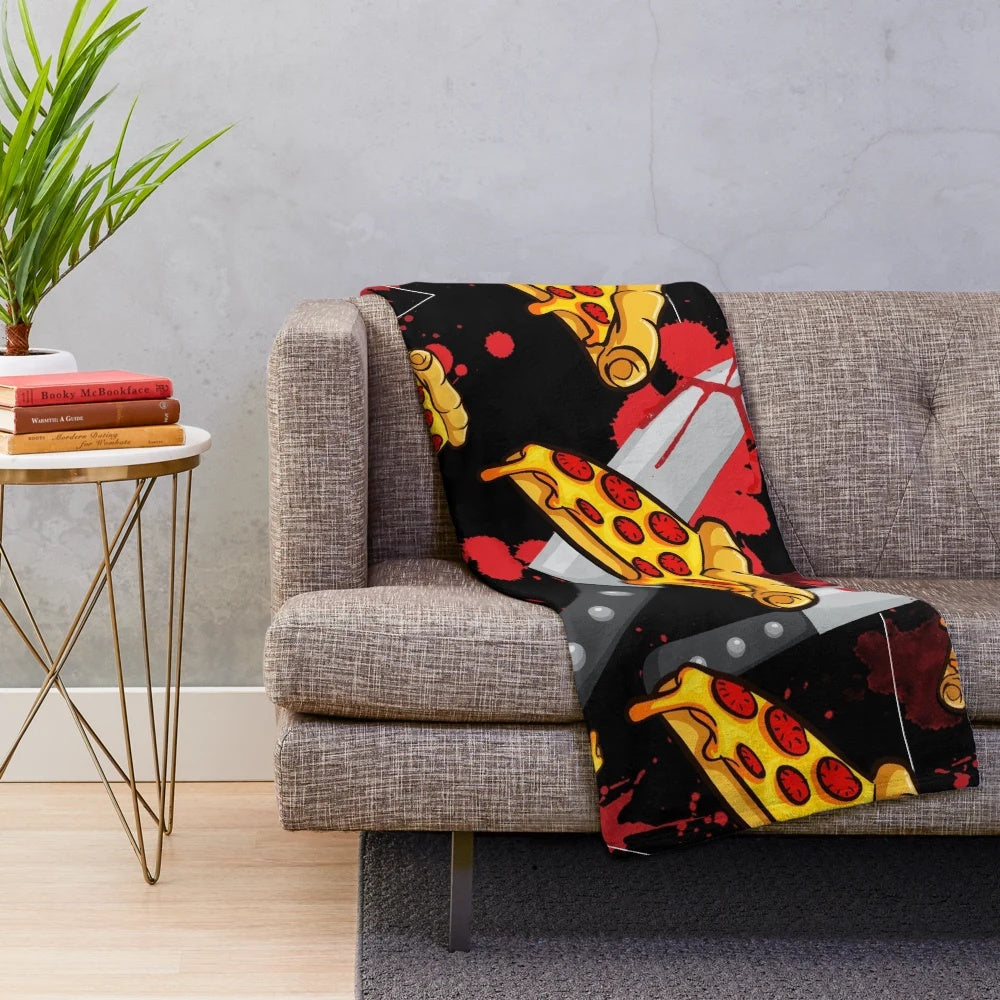 Plush blanket with a horror movie and pizza pattern design
