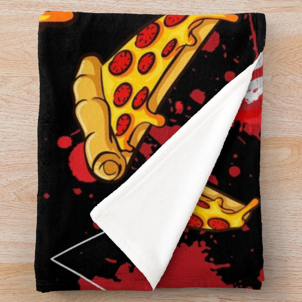 Plush blanket with a horror movie and pizza pattern design