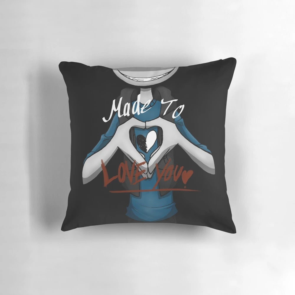 Decorative horror-themed pillow with text "Made to love you"