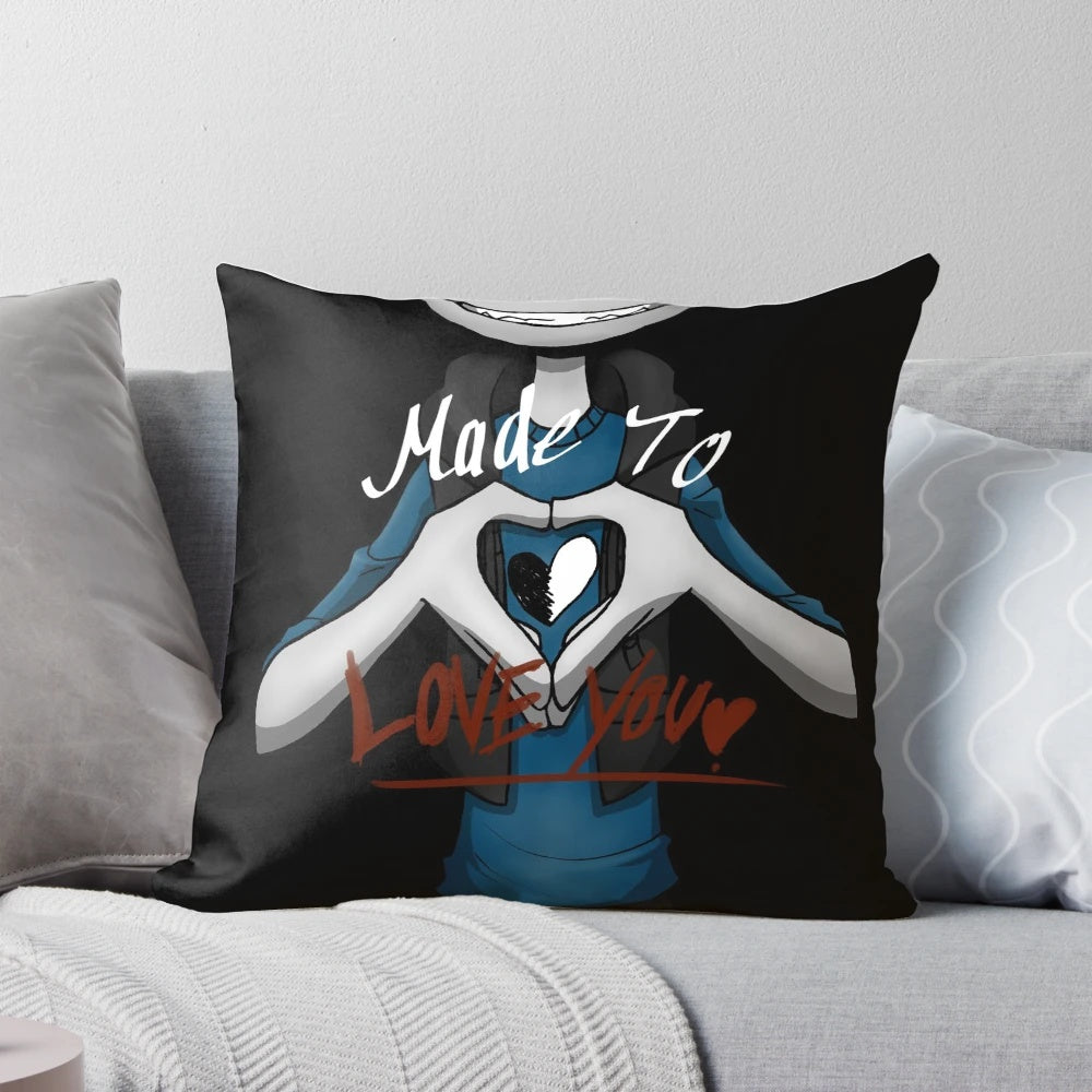 Decorative horror-themed pillow with text "Made to love you"
