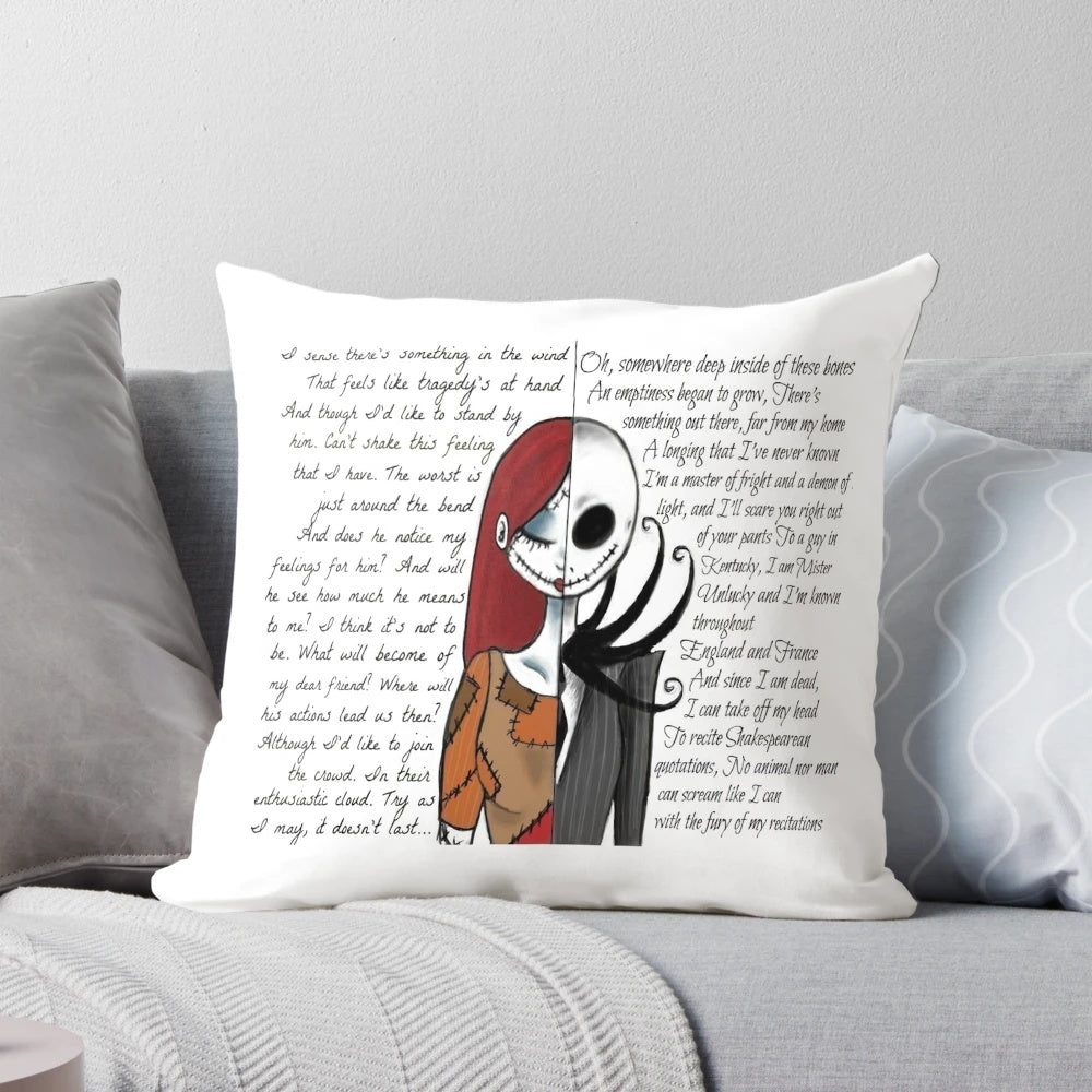 Colorful Nightmare Before Christmas themed throw pillow featuring pumpkins, monsters, and other Halloween elements